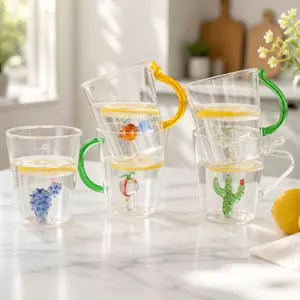 Jiateng creative glass drinking cup with colorful handle and 3D inner decoration
