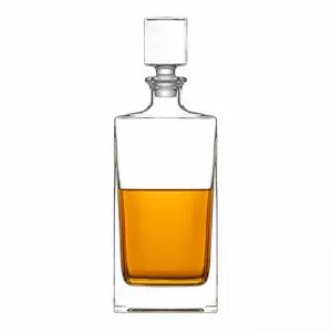 Tall rectangular whiskey decanter with clear glass body and square stopper