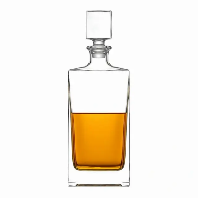 Tall rectangular whiskey decanter with clear glass body and square stopper