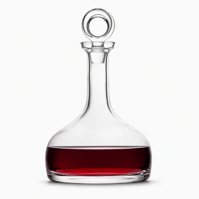 275mm round base red wine decanter with long narrow neck and decorative glass stopper