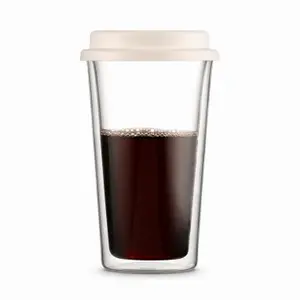 450ml transparent double wall borosilicate glass coffee cup with cream silicone lid and tapered body