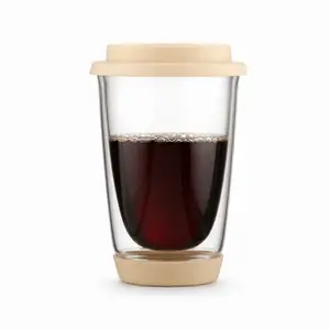 250ml transparent double wall borosilicate glass coffee cup with cream silicone lid and matching protective base
