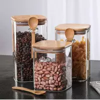 Jiateng glass coffee bean storage jar with bamboo spoon and airtight wooden lid