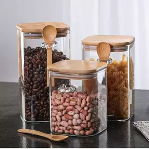 Jiateng glass coffee bean storage jar with bamboo spoon and airtight wooden lid