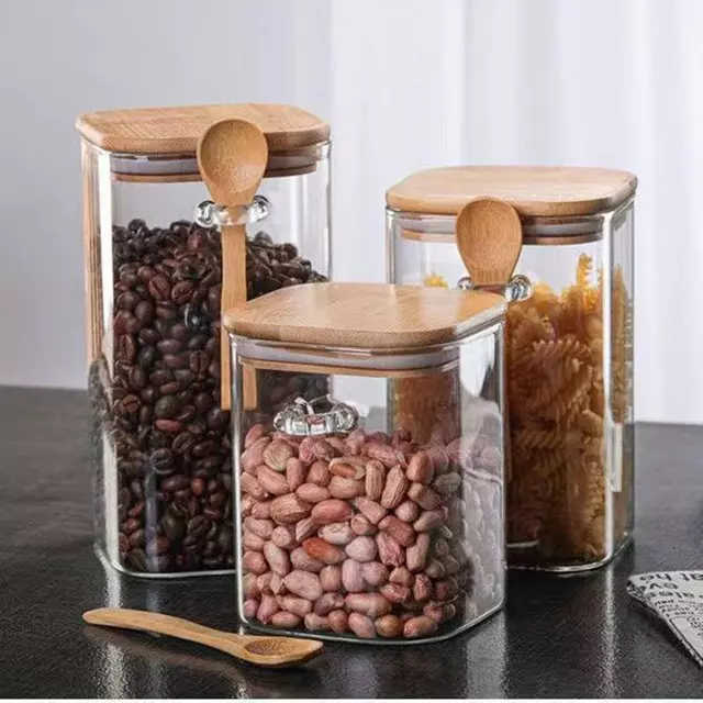 Jiateng glass coffee bean storage jar with bamboo spoon and airtight wooden lid