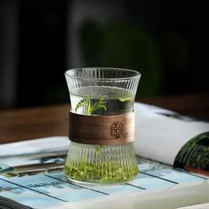 Jiateng glass coffee cup with wooden sleeve and ribbed glass design for coffee drinks