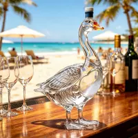 Handcrafted goose-shaped glass wine decanter displayed on a luxury beachside bar