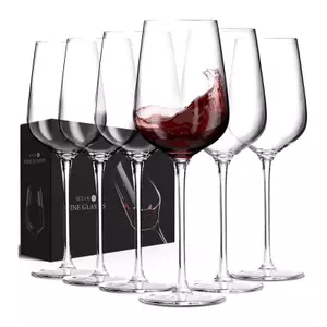 Set of 6 crystal red wine glasses with long stems and large bowls designed for Burgundy, Cabernet Sauvignon, and Merlot wines.