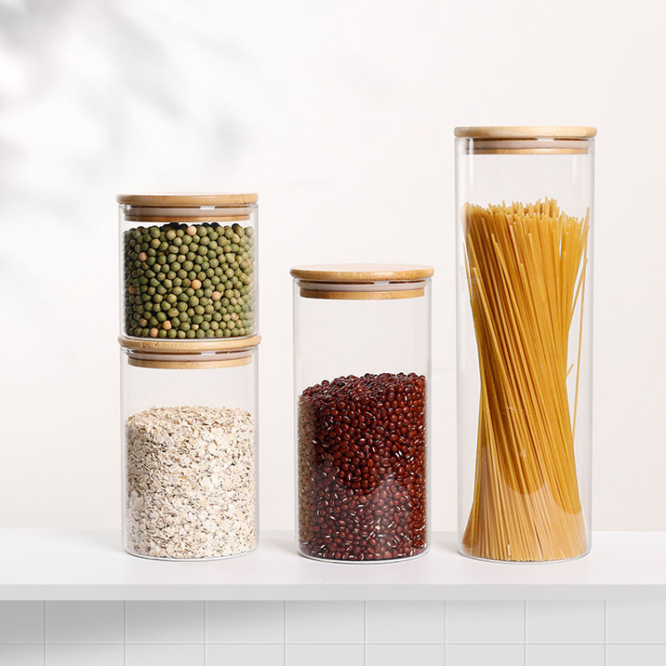 Jiateng glass storage jars with bamboo lids, ideal for organizing dry food, coffee, spices, or decorative storage in the kitchen