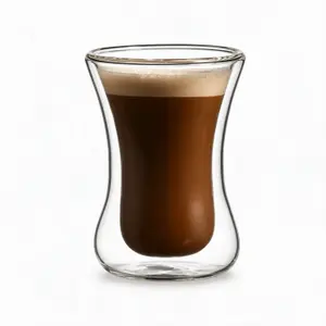 90ml transparent double wall espresso glass featuring an hourglass silhouette, curved waist and flared circular rim