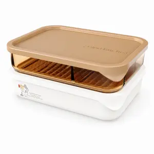 Two sizes of rectangular stackable food storage containers with beige lids, transparent amber sections and detachable drain trays.