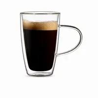 400ml tall transparent double wall glass coffee mug with straight-sided body and clear curved handle