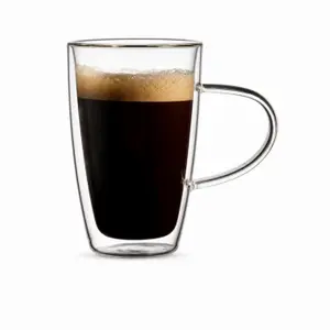 400ml tall transparent double wall glass coffee mug with straight-sided body and clear curved handle