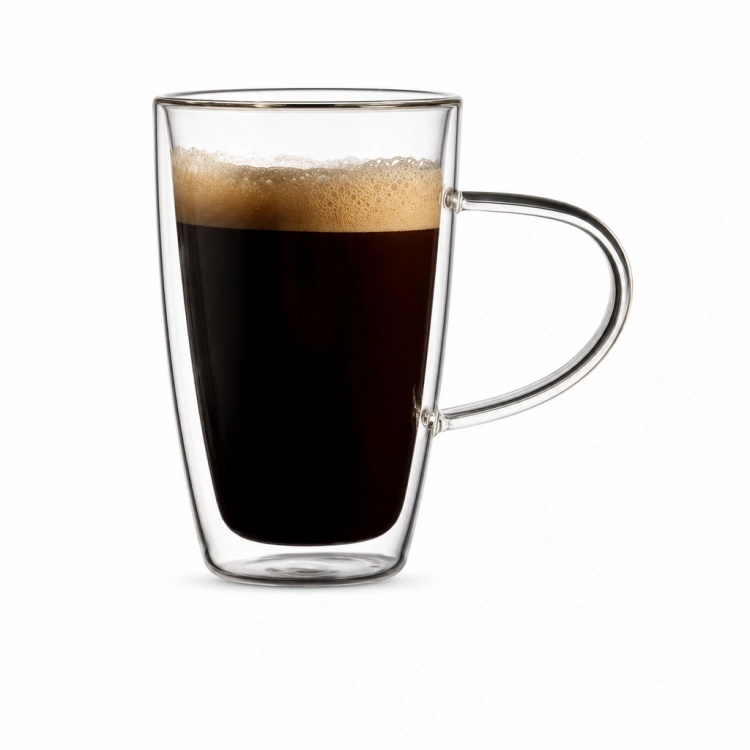 400ml Tall Straight-Sided Double Wall Glass Coffee Mug with Clear Handle