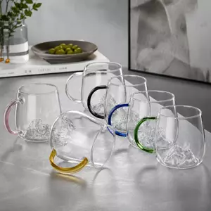 Jiateng mountain glass cup with 3D mountain design and colorful handle