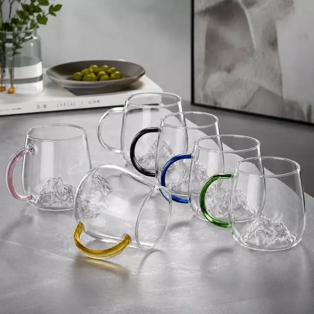 Jiateng mountain glass cup with 3D mountain design and colorful handle