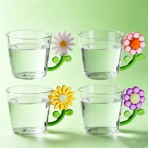 Flower handle glass cup with colorful floral design for water and tea