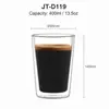 Transparent double wall coffee tumbler with straight tapered sides and a narrower lower body