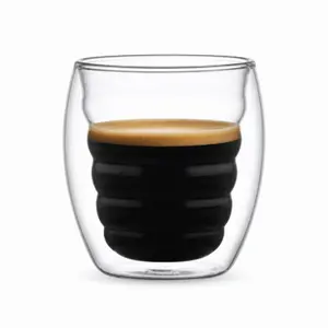 300ml transparent double wall coffee glass with horizontal ripple inner chamber and rounded outer body