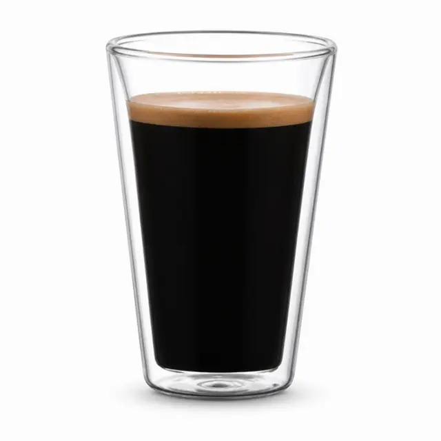 400ml clear double wall glass coffee cup with wide rim and tapered transparent body