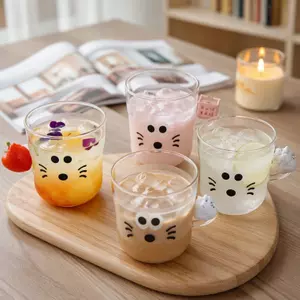Cute cat face printed glass cup for milk and juice
