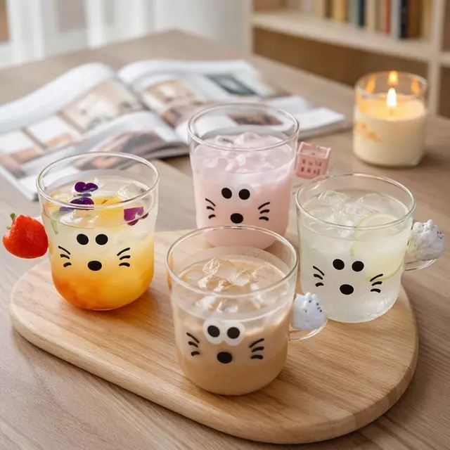 Cute cat face printed glass cup for milk and juice