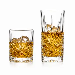 Clear 320ml and 350ml geometric pattern whiskey glasses in short and tall designs