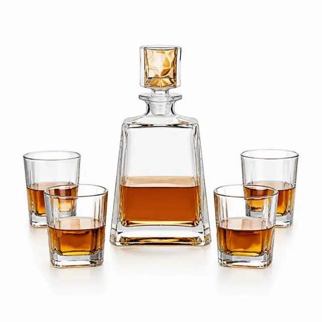 Square whiskey decanter set with four old fashioned whiskey glasses
