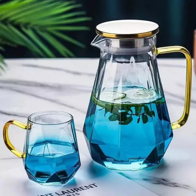 Premium geometric glass water pitcher with lid for water, juice, and iced beverages