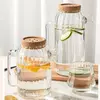 Jiateng ribbed glass water pitcher with cork lid and handle for cold beverage serving
