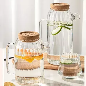 Jiateng ribbed glass water pitcher with cork lid and handle for cold beverage serving