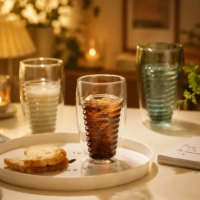 Front view of spiral double wall glass cup with coffee and iced drink