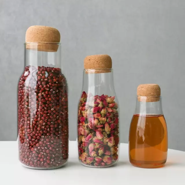 Jiateng transparent glass storage bottles with cork stoppers for tea grains spices and kitchen organization