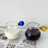 jiateng blue ball handle glass cup, cute transparent coffee mug for milk