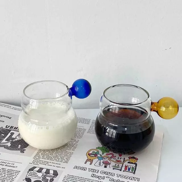 jiateng blue ball handle glass cup, cute transparent coffee mug for milk