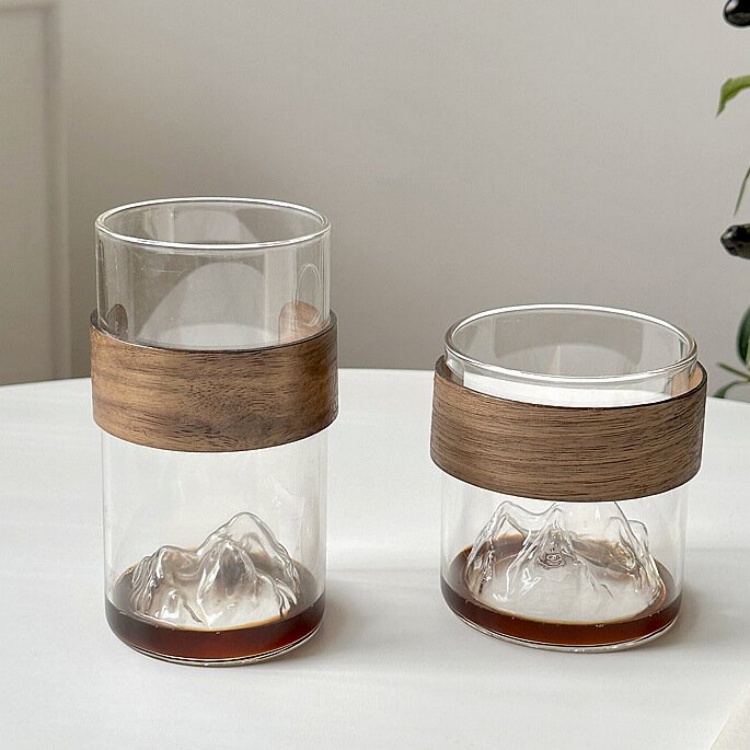 Handmade glass cup with 3D mountain design and wooden grip, ideal as a gift for birthdays, housewarming, or holidays