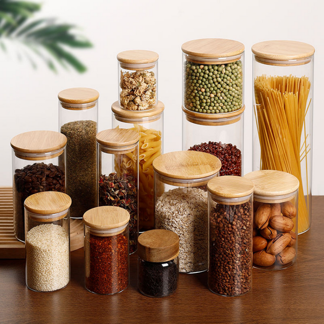 Jiateng clear glass storage jar with bamboo lid, perfect for storing grains, pasta, spices, coffee, or nuts, stylish and practical