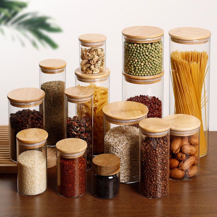 Jiateng clear glass storage jar with bamboo lid, perfect for storing grains, pasta, spices, coffee, or nuts, stylish and practical