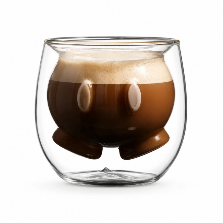 200ml Cute Face Double Wall Coffee Glass with Rounded Body and Decorative Inner Design