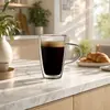 Tall 400ml double wall coffee mug with clear handle for cafes, restaurants, hospitality and wholesale glassware buyers