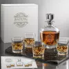 Modern whiskey serving set with rounded decanter and four matching glasses