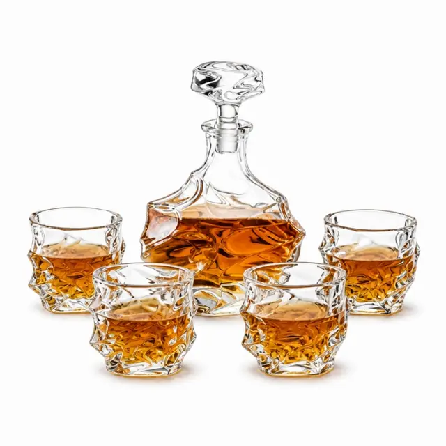 Textured whiskey decanter set with four matching rock glasses