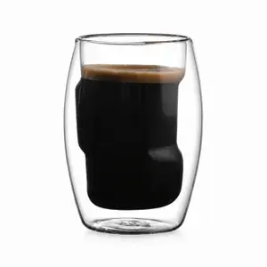 350ml transparent double wall coffee glass with a distinctive curved inner chamber and rounded outer body