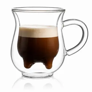 250ml transparent double wall glass coffee mug with rounded curved body and clear side handle
