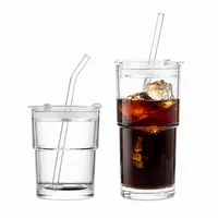 Clear 330ml and 480ml stackable glass cups with lid and straw for iced drinks