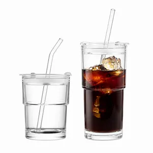 Clear 330ml and 480ml stackable glass cups with lid and straw for iced drinks