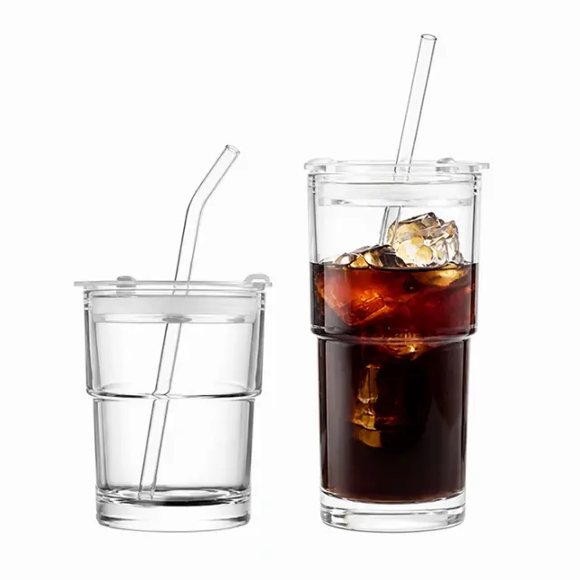Clear 330ml and 480ml stackable glass cups with lid and straw for iced drinks