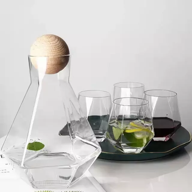 Modern iridescent glass water pitcher with wooden lid for stylish beverage serving