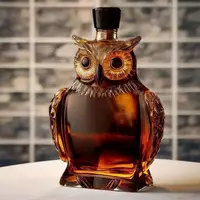 Decorative owl-shaped glass decanter filled with amber whiskey
