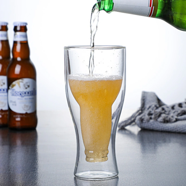jiateng double wall beer bottle glass, insulated borosilicate beer mug, heat resistant bottle shaped beer cup for men gift
